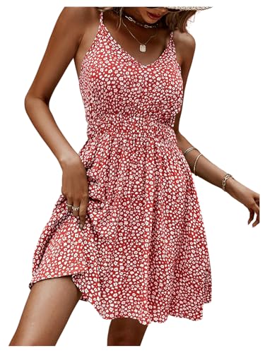 Image of SweatyRocks Women's Boho Floral Print Spaghetti Strap Cami Dress Casual Flare Short Dresses Rose Red M