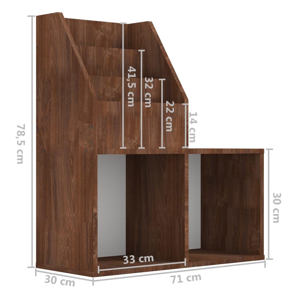 Uchwyt na czasopisma brązowy dąb 71x30x78,5 cm | Solidne drewno konstrukcyjne, 3 przegródki, 2 otwarte półki, przechowywanie książek i pudełek składanych