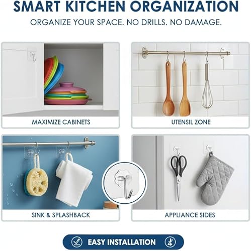 Miniatura 4 de Paquete de 24 ganchos autoadhesivos resistentes de 33 libras (máx.), transparentes sin uñas, impermeables, ganchos de pared adhesivos para llaves,