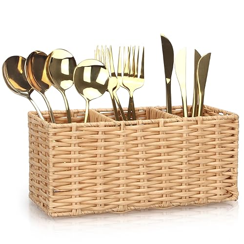 Ayiaren Wicker Flatware Silverware Caddy Cutlery Holder Kitchen Silverware Organizer Storage for...