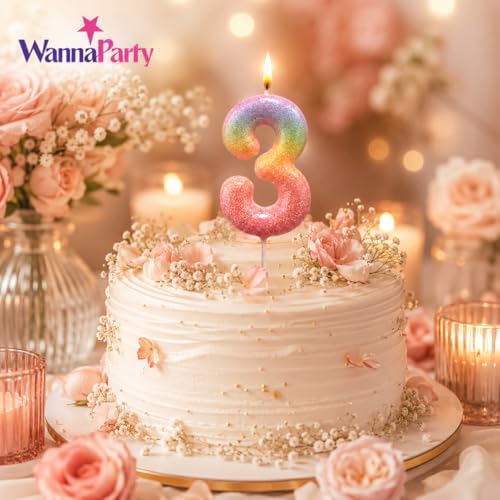 Image of Wanna Party Glitter Colorful 3rd Birthday Candle, Number 3 Cake Candle Cake Toppers for Girl Women, Glitter Colorful Themed Party Decorations Supplies Birthday Gifts