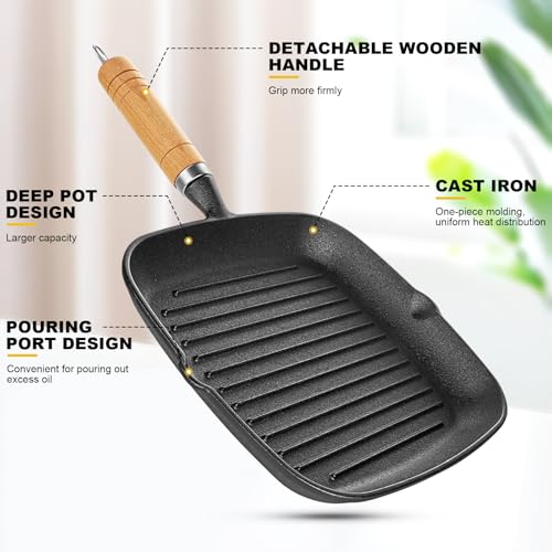 Cast Iron Square Griddle Pan, Grill Pan for All Hobs, 22cm Steak Pan with Tipping Spout, Suitable for Induction, Gas, and Camping Stoves, Detachable Handle, Red Silicone Steak Tongs,Oven Usable - Image 3