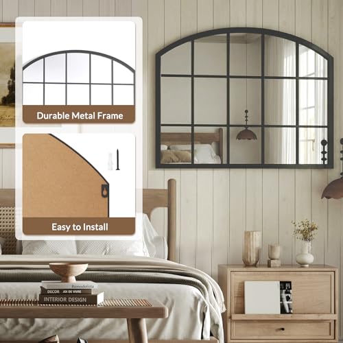 Image of Uniclinens Arched Window Wall Mirror - Black Window Pane Mirror Decor with Metal Frame, Grid Wide Arch Mirror Farmhouse Ideal Decor for Entryway, Living Room,Buffet Table, Hallway, Fireplace, 32 inchX24 inch