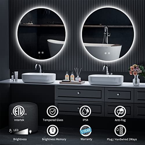 SHUAFA LED Round Bathroom Mirror, 36 Inch Backlit Wall Mounted Bathroom Mirror with Lights, Frameless Vanity Mirror with 3 Color Lights, CRI 95+, Anti-Fog, Shatter-Proof