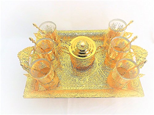 21 Pieces Tulip Design Premium Gold Plated Tea Set Additionally Hand Decorated with Swarovski Crystals for 6 - Made in Turkey