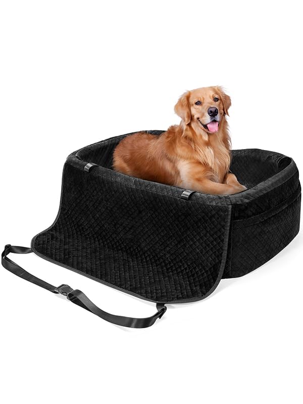 Dog Car Seat for Large Dogs up to 55 lbs or Two Small Dogs, Featuring 4' Memory Foam, Medium Pet Booster Seat Cover with Triple Safety Belts