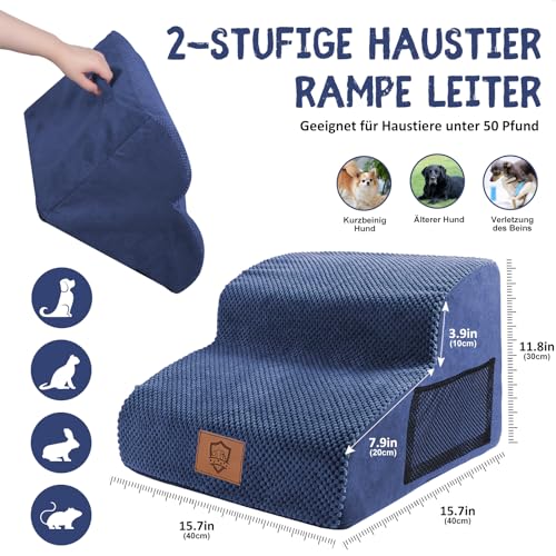 Zvonema Hundetreppe, Haustiertreppe aus Schaumstoff, 2 Stufen, mit waschbarem Bezug und rutschfester Unterseite, tragbare Rampe für Hunde und Katzen