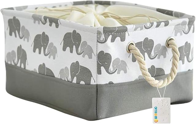 OYHOMO Storage Basket Foldable Grey Elephant Rectangle Storage Box Thickened Canvas Fabric Storage Bin with Drawstring for Towels, Toys, Shelf - M