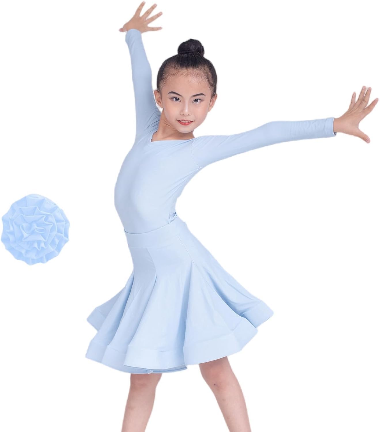 2025 Abito da Ballo Latino per Ragazze, 2 Pezzi con Scollo A V Diviso, Manica Lunga, Abbigliamento da Ballo, Gonna A Pieghe Grande A Pieghe per Salsa, Rumba, Cha Cha, Samba, Tango, Blue B, XXL