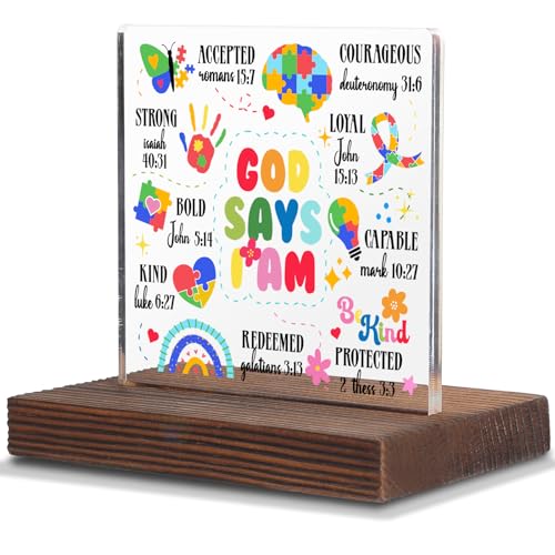 God Says I Am Autism Encouragement Gift, Inspirational Christian Sign for Kids Teens Adults, Religious Affirmation Desk Decor for Neurodivergent Support SWS111