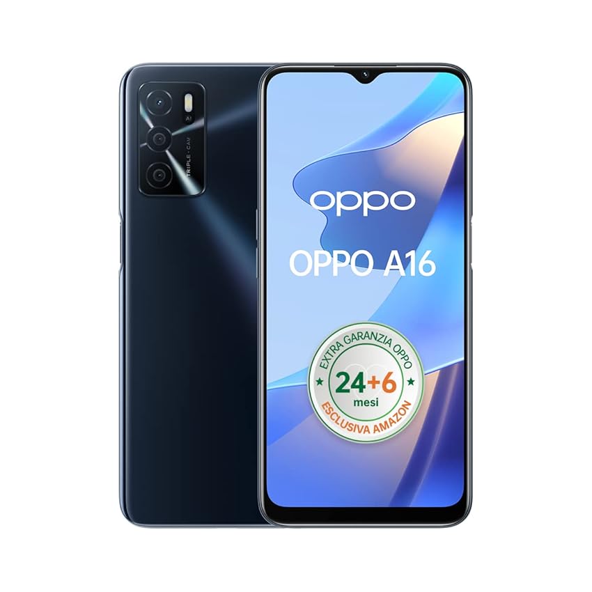 Immagine del prodotto OPPO A16 Smartphone, AI Triple Camera 13+2+2 MP Con FLASH, NFC, 6.52” 60HZ Display, 5000mAh, SuperVOOC + Power Saving, (Versione Italiana), Crystal Black