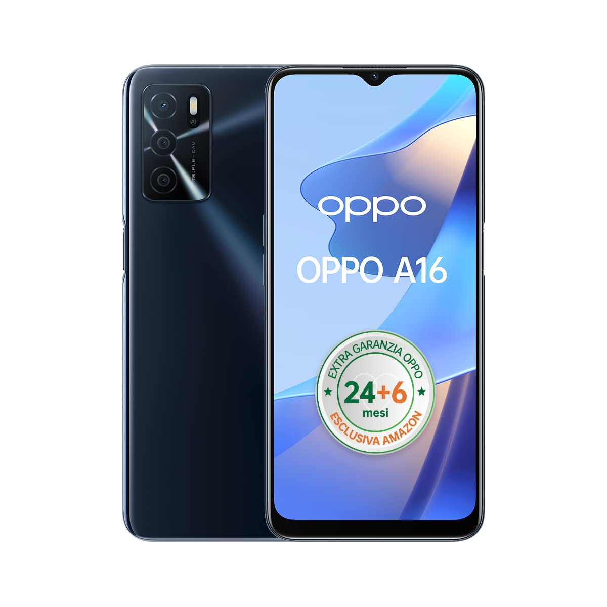 OPPO A16, Tripla Fotocamera I.A. 13+2+2MP, Display 6.52” 60HZ, Batteria 5000mAh, Ricarica rapida 10W, RAM 3GB + ROM 32GB Espandibile, cavo dati OPPO Tipo-C, Versione Italiana, Crystal Black Crystal Black A16 3+32