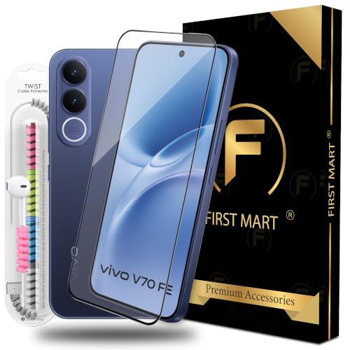 Image of FIRST MART Tempered Glass for Vivo V70 FE, 9H 0.3 mm Full-Glue Screen Protector with Cable Protector, 3D Edge-to-Edge, HD Clear, Case-Friendly, Black, Pack of 1
