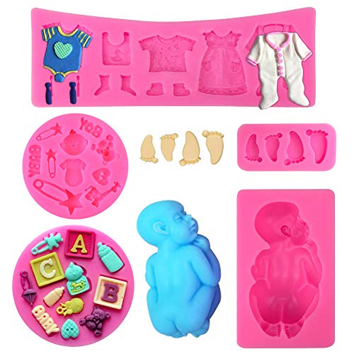 Rainmae 5 Pcs Cute Baby Silicone Fondant Cake Mold, Baby Birthday Party Kitchen Baking Mold Cake Decorating Moulds Modeling Tools, Gender Reveal Party Gummy Sugar Chocolate Candy Cupcake Mold