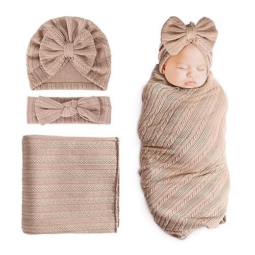 Image of DRESHOW BQUBO Newborn Receiving Blanket Toddler Warm for Girls with Bow Hat and Bow Headband Shower Gift