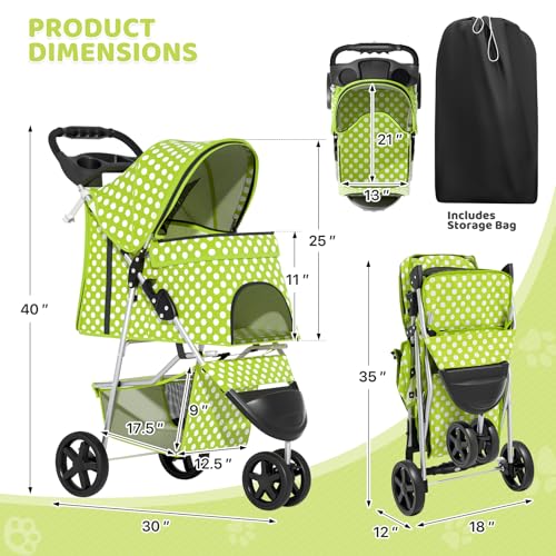 Image of Magshion 3-Wheel Pet Stroller, Foldable Travel Jogger for Small & Medium Dogs & Cats (Up to 33lbs), Lightweight Carrier with Breathable Mesh Cover, Cup Holder & Storage Basket, Lawn Green Polka Dots