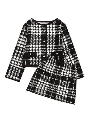 Image of WDIRARA Toddler Girl's 2 Piece Houndstooth Button Down Jacket Top and Mini Skirt Cute Set