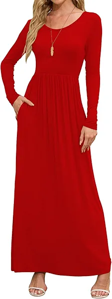 DEARCASE Women's Maxi Dress Long Sleeve Crewneck Loose Plain Casual Empire Waist Fall Party Long Dresses with Pockets