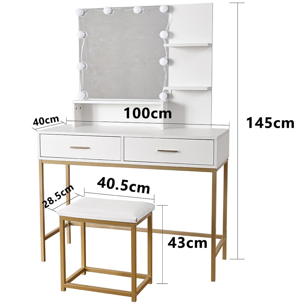Shally Dogan Toeletta Trucco con Sgabello Modello Sofia con 10 Lampade Led, Specchiera con Tavolo e Cassetti in Legno Bianco, Seduta Comoda Imbottita, Specchio Postazione Make Up, Luce Fredda e Calda