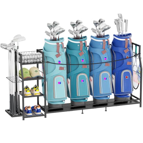 Golf Bag Storage Organizer for 4 Bags with Club Holder & Storage Shelves | Fits 4 Golf Bags • Club Holder for 10+ Clubs • Storage Basket & 3 Shelves • Golf Garage Organizer • Great Golf Gift
