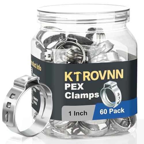 KTROVNN 60 Pack 1 Inch PEX Cinch Clamps Rings Heavy Duty 304 Stainless Steel Pex Crimp Rings Thickened Single Ear Hose Clamps for PEX Tubing Pipe Fitting Connections