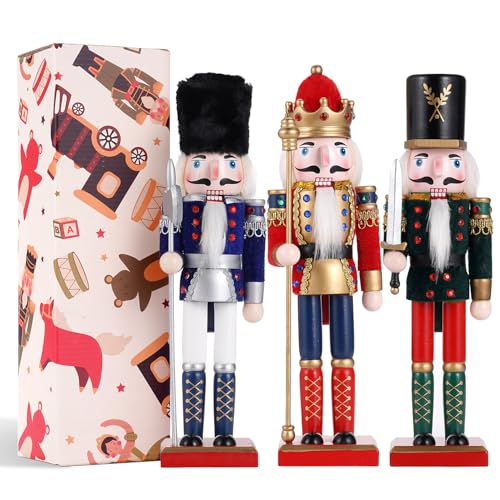 COMBIUBIU 3 peças Figura Quebra-Nozes de Natal Tradicional Feito à Mão de Pino, Quebra-Nozes de Natal para Mesa, Decoração de Parapeito da Janela da Lareira, Decoração do Lar