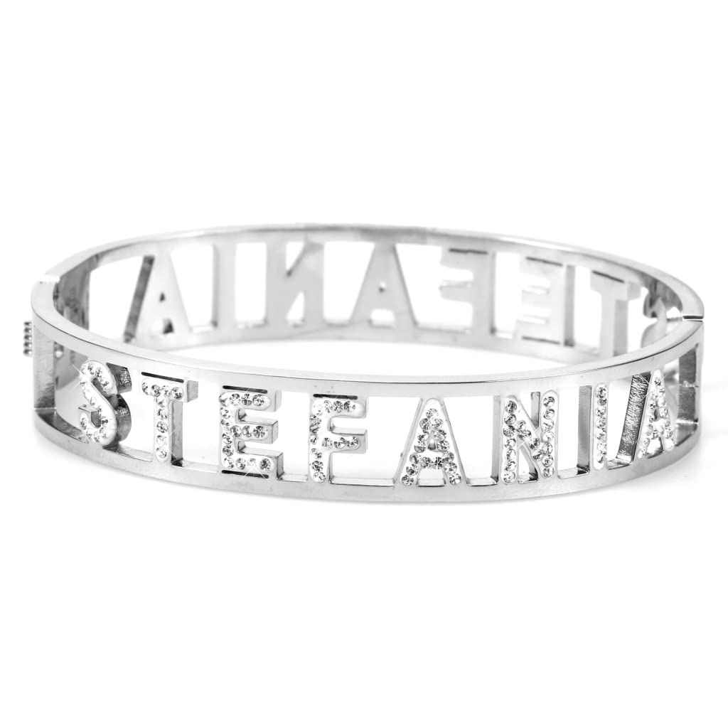 Flowers Bracciale Rigido Acciaio con Nome Vari e Zirconcini Sacchettino in Tessuto Scritta Nome ricoperta di Strass Brillantissimi Bracciale a Manetta Donna Chiusura a Molla Idea Regalo