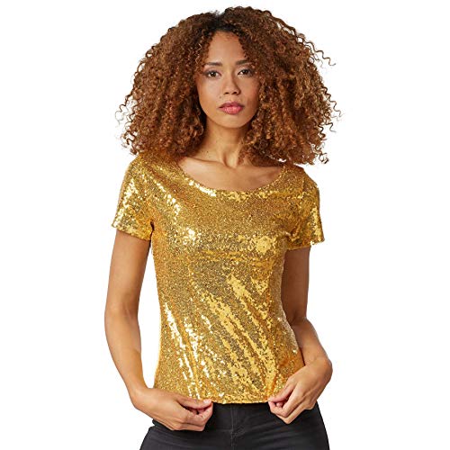 dressforfun 901013 Damen Pailletten Top, Glitzer Kurzarm Oberteil, Gold -...