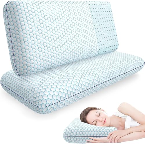 Image of CushyOasis Memory Foam Pillows for Side, Back and Stomach Sleepers, Set of 2, Bed Pillow with Washable Cover and Breathable Mesh, Bed Pillow for Sleeping (Blue，King Size)