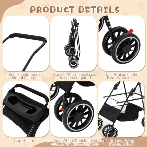 Hundewagen, 3 in1 Hunde Buggy Bis 15kg,Tragbarer Faltbar Hund Kinderwagen mit 360° Verschleißfeste Gummiräder und Ablagekorb,Netzfenstern,Getränkehalter,für Kleine Hunde & Katz