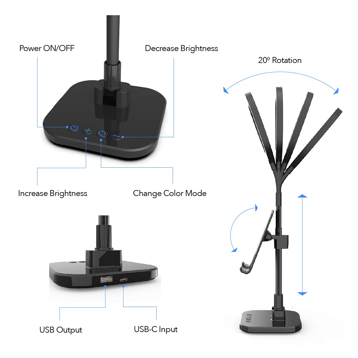 DigiPower LED Ringlicht Schreibtischlampe mit Smartphone- und Tablet-Halterung inkl. Akku, höhenverstellbar, für Videocalls am Arbeitsplatz und Home Schooling, schwarz, DP-WSH-PH6, weiß