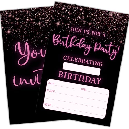 Zgogy Black Birthday Party Invitation Cards, Pink Glitter Birthday Invites For Women, 20 Pcs 4x6 Inch Birthday Party Supplies Decorations Party Favors Birthday Party Invitations with Envelopes -10