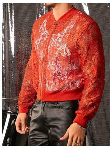 Image of WDIRARA Men's Floral Lace Bomber Jackets Long Sleeve See Through Outerwear