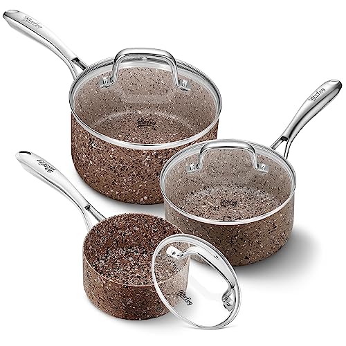 HLAFRG Juego de cacerolas antiadherentes de 3 piezas con tapas de vidrio, revestimiento de granito natural duradero, antiadherente, duradero y apto para horno hasta 215.6 °C, 1, 2 y 3 cuartos de