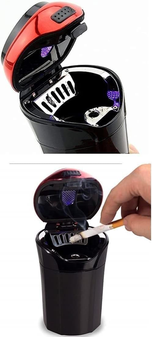 Car Ashtray with Lid Smell Proof, Portable Ashtray for Car, Mini Trash Can for Car, Detachable Smokeless Ashtray Cup Holder with Blue LED Light Indicator Smokeless for Most Car