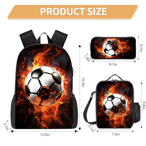 3PCS Boys Backpack, Kids Back To School Backpack with Lunch Box Pencil Case Set, Cool Soccer Backpack for Boys Teens, 17" Schoolbag Bookbag for Elementary Middle High School Students2