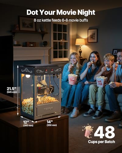 Image of VEVOR Popcorn Machine, 8oz Stainless Steel Kettle, 800W Commercial Countertop Popcorn Maker, 48 Cups per Batch Theater Style Popper, with 2-Button Control Glass Wall PC Door 1 Scoop 3 Spoons, Black