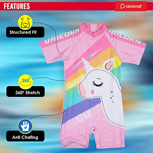 Image of AIRAVAT Girl's Swimsuit Set, Swimming Costume, Swim Costume, 1513 Unicorn Girls Bathing Suit Swimwear, Half Sleeve 1 Piece Swimming Wear for Girls