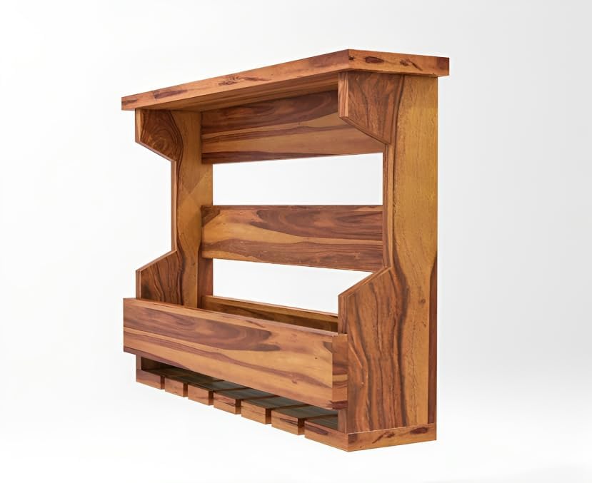 FURNITUREFRY Solid Wood Hanging Personal Mini Bar for Home and Farm House l Bar Cabinet with Glasses Hanging Space l Mini Bar Wine Rack for Home and Personal uses (Teak Finish) 3