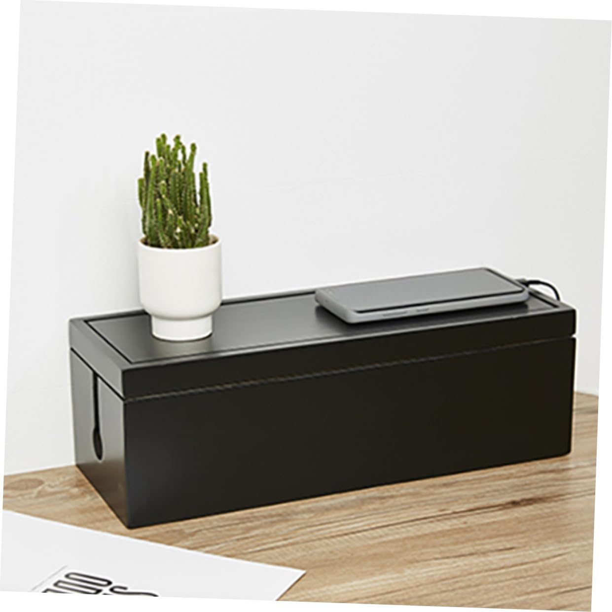POPETPOP Caja de Gestión de Cables de Madera Negra Tapa Abierta para Almacenamiento Rápido y Organización en Enchufes, Adecuado para Ordena Cables Hogar y Oficina