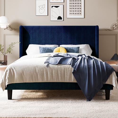 Image of Allewie Queen Size Platform Bed with Corduroy Wingback Headboard, Blue | 900 lb Capacity, Corduroy Wingback Headboard, Vertical Channel Design, Wood Slat Support, No Box Spring Needed, Easy Assembly
