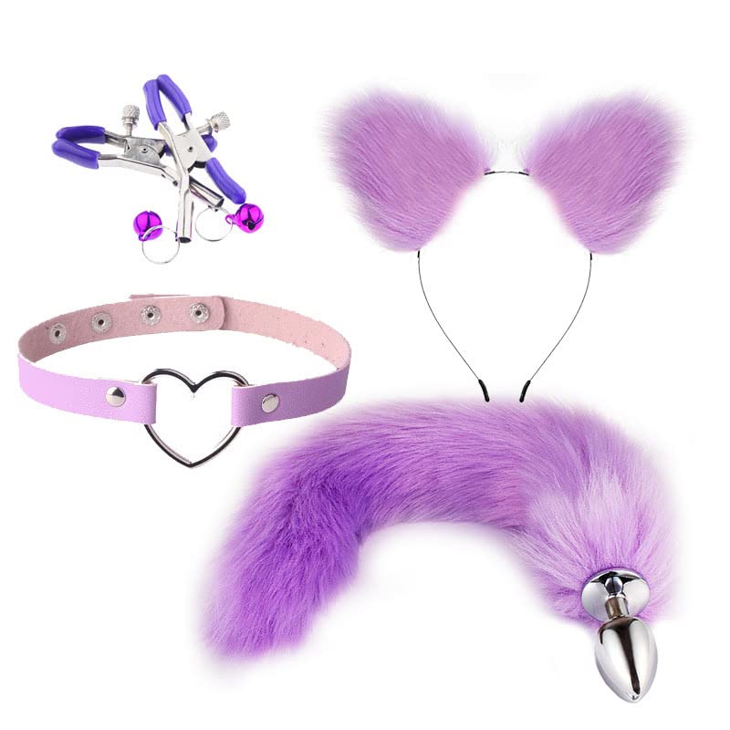 Ceciley Wolf Fox Furry Tail Plug and Ears Headband Animal Costume Fancy Dress Halloween Adjustable Faux Fur Tail and Ears (Purple 01)