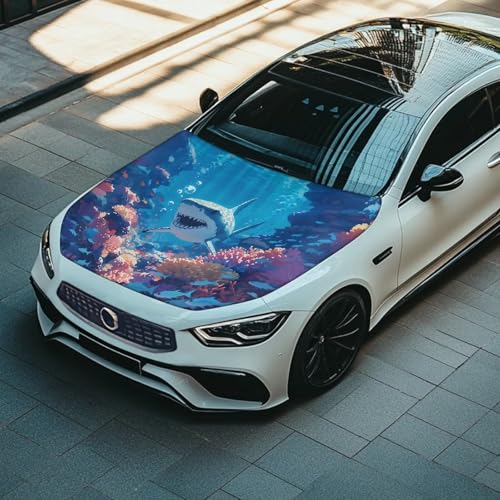 Image of Hood Cover for Car SUV Sedan Truck, Shark Pattern Waterproof Elastic Polyester Car Hood Protector, Patriotic Decorative Automotive Accessories for Summer
