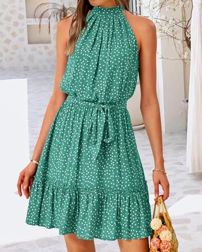 Image of BTFBM Women Halter Neck Summer Dresses 2025 Spring Casual Sleeveless Floral Polka Dot Ruffle Mini Boho Beach Sun Dress