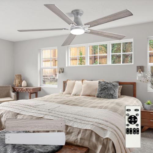 Image of Depuley Modern Ceiling Fan with Light: 60-Inch Nickel Flush Mount Fandelier | Bedroom Indoor Outdoor Use, 5 Reversible Wood Blades, 6 Fan Speeds, Timing Function, Dimmable 3CCT, Remote Control Included