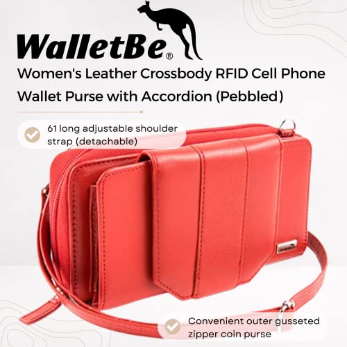 Women's Wallet RFID Cell Phone Purse Leather Crossbody with Accordion Pebbled Red2