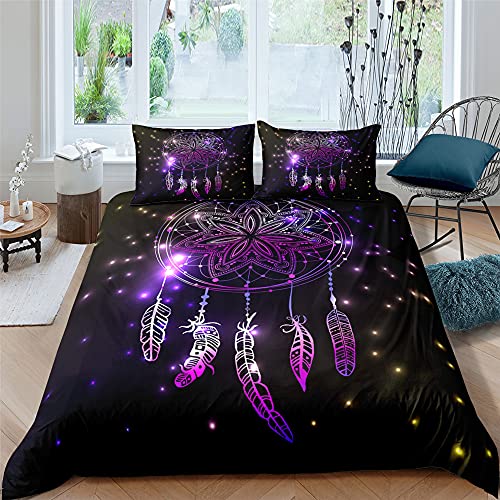 Michorinee Housse de Couette 220x240 3D Attrape Rêve - Parure de Lit Motif Plumes et 2 Taies d'oreiller 65x65 cm - Linge de Lit 2 Personnes Adulte avec Fermeture Éclair