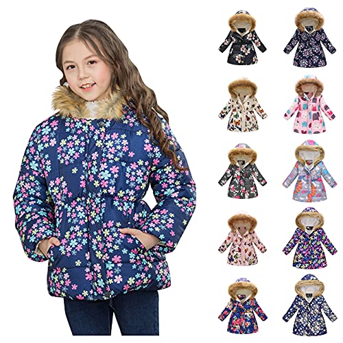 Girl's Winter Coat Waterproo𝚏 Long Puffer Jacket Warm Parka with Fur Hood Winter Autumn Warm Butterfly