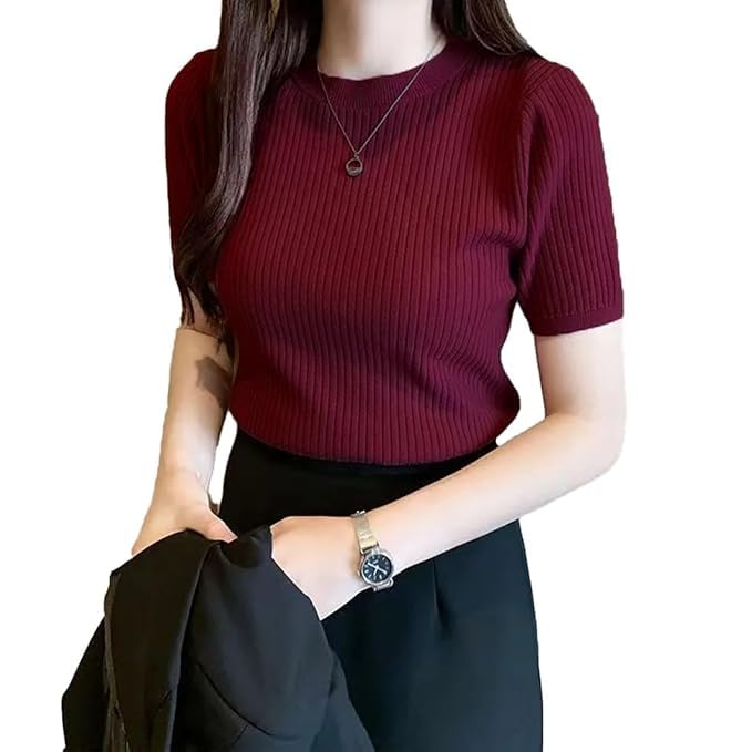 Typical Fashion Women's Ribbed Knit Slim Fit Top – Short Sleeve, Round Neck, Stretchable Stylish T-Shirt for Casual & Formal Wear-picture-53