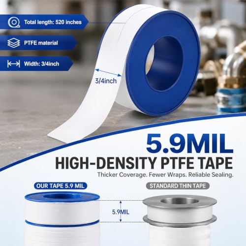 Image of 10 Pcs 3 /4 inch x 520 inch PTFE Thread Seal Tape 5.9 Mil Individual Pack | High Density Plumber Tape for Pipe Fittings, Threaded Connection, Water Line, Bathroom Repair, Waterproof Pipe Thread Sealant